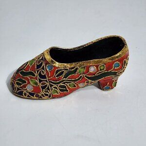 Enameled Cloisonne Miniature Shoe With Floral Design & Gold Detailing